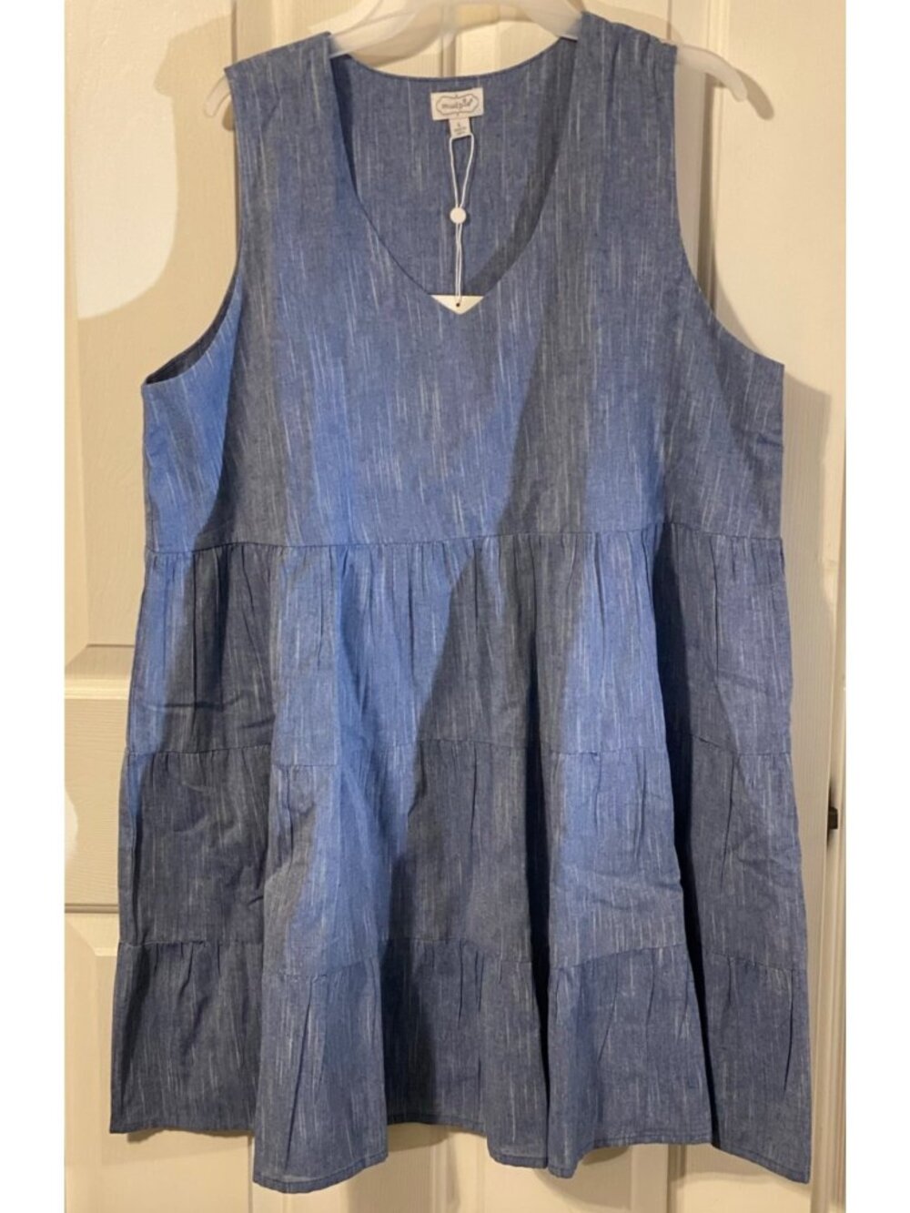 Mud Pie womens Large L blue cotton chambray Ivy Tiered Dress sleeveless ruffle